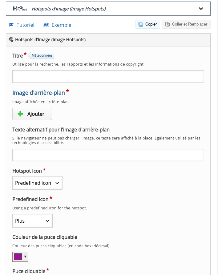 Interface de l’activité H5P Hotspots