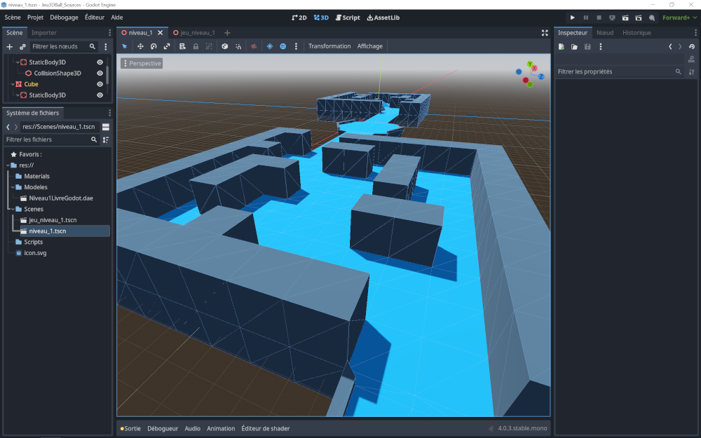 Capture de l'interface de Godot présentant une scène du jeu 3D d'exemple développé dans le livre