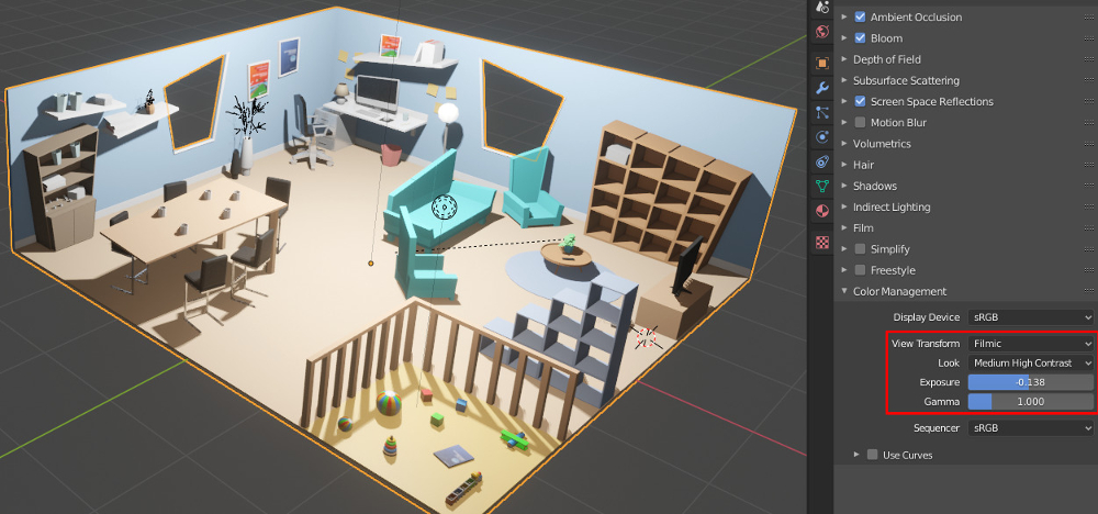Image extraite du livre Créationb d'assets 3D pour le jeu vidéo avec Blender (configuration du rendu de la pièce à vivre)