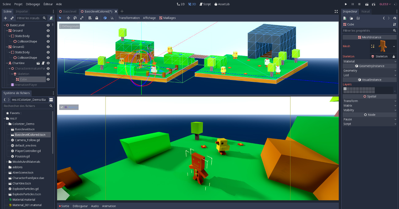 Editeur de Godot Game Engine avec un jeu test d'Anthony Cardinale