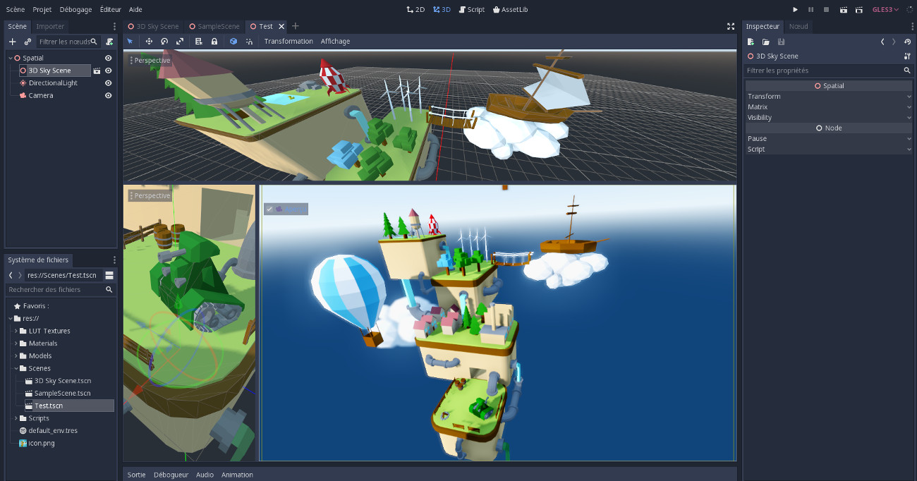 Editeur de Godot Game Engine avec le kit d'éléments lowpoly créé sous Blender d'Anthony Cardinale