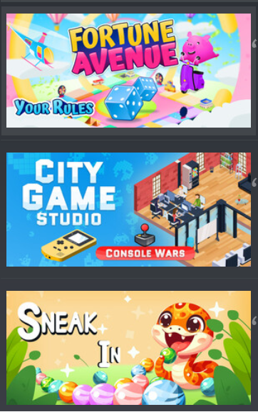 vignette des trois jeux créés par Binogure : Fortune Avenue, City Game Studio et Sneak In