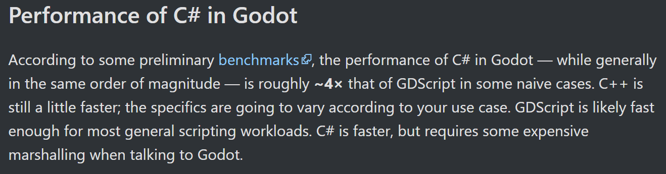 Extrait de la documentation de Godot rapportant que le C# pouvait s'avérer plus rapide que GDScript.