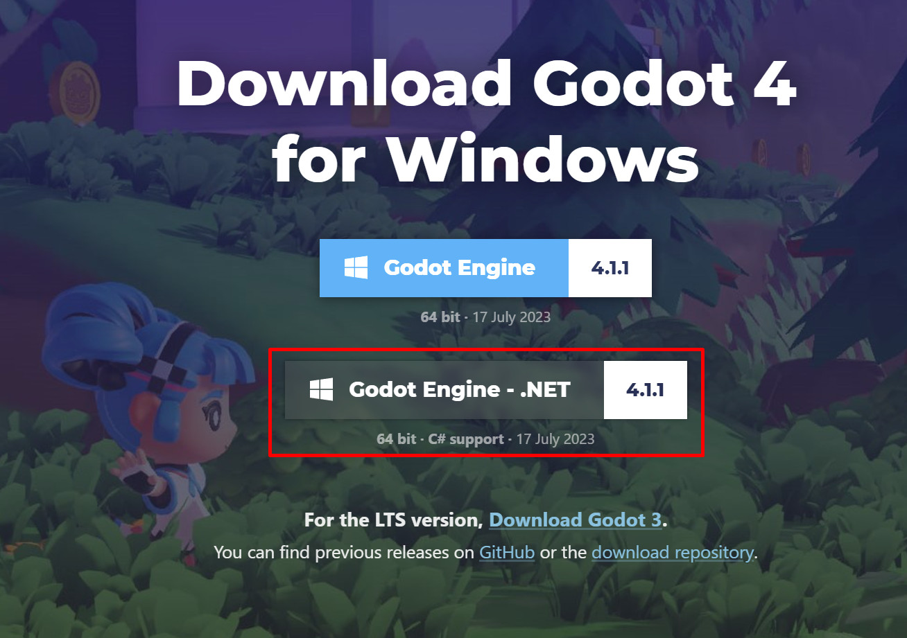 Page de téléchargement sur le site officiel de Godot avec les deux versions : Standard et .NET