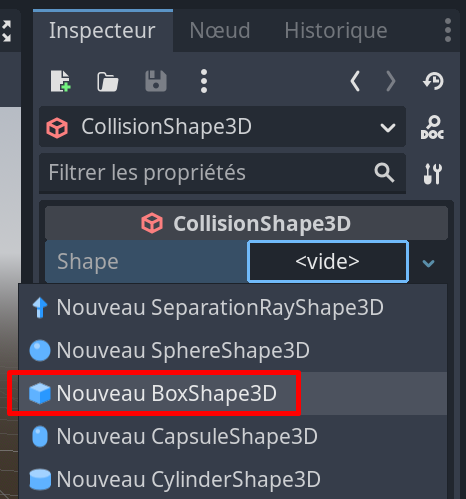 Sélection de la forme du collider sous Godot