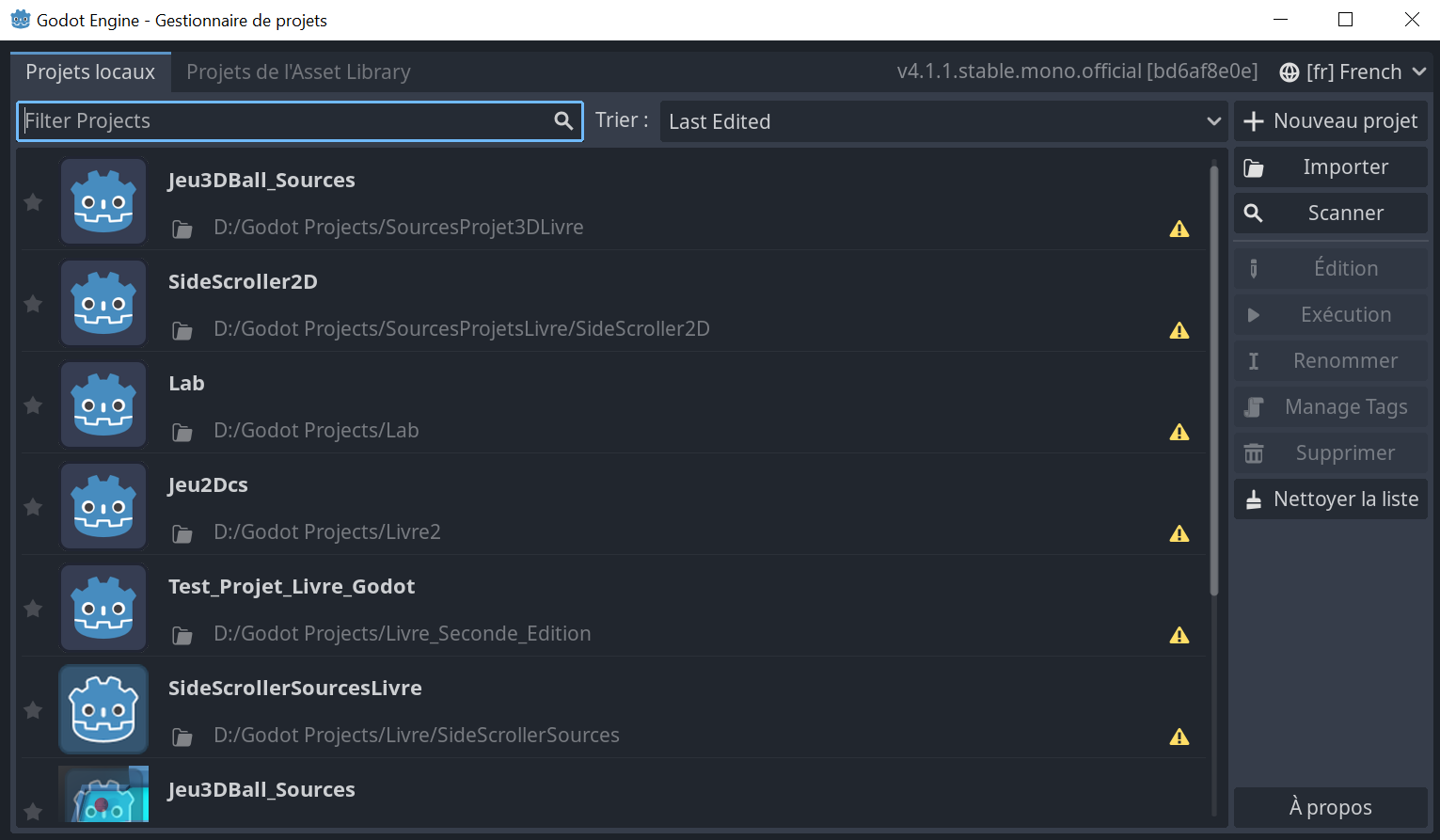 Capture d'écran du gestionnaire de projet de Godot