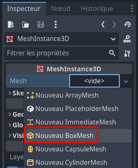 Création d'un cube 3D sous Godot : 2. Déclaration du Mesh