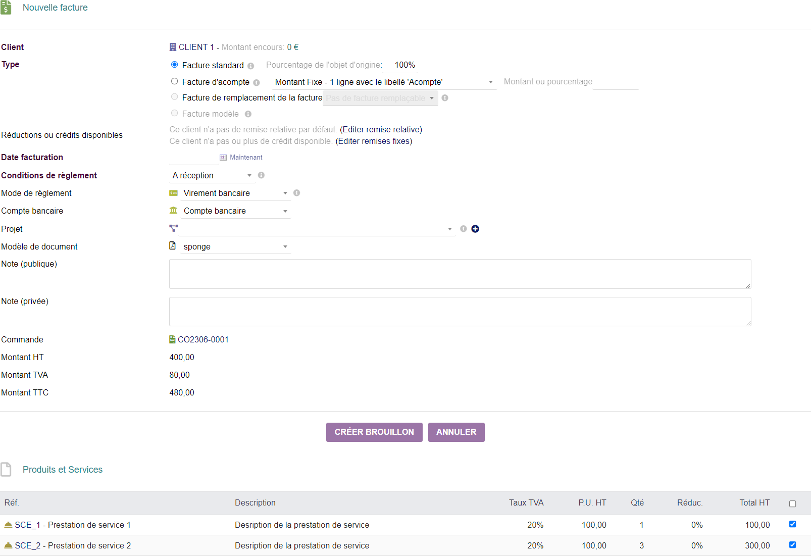 Page de création d'une facture sous Dolibarr reprenant les information de la commande source.