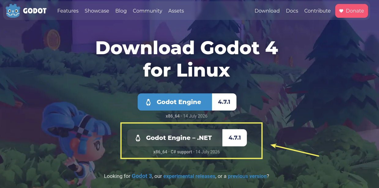 Page de téléchargement sur le site officiel de Godot avec les deux versions : Standard et .NET