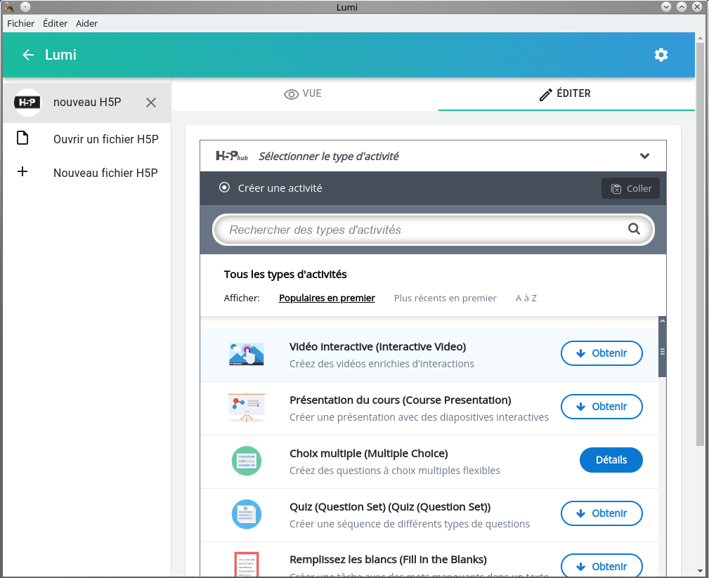Liste des activités H5P sous Lumi Education