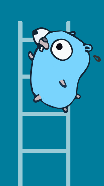 Mascotte de Go montant une échelle