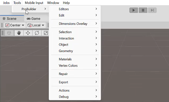 Menu Probuilder dans la barre de menus de Unity 6