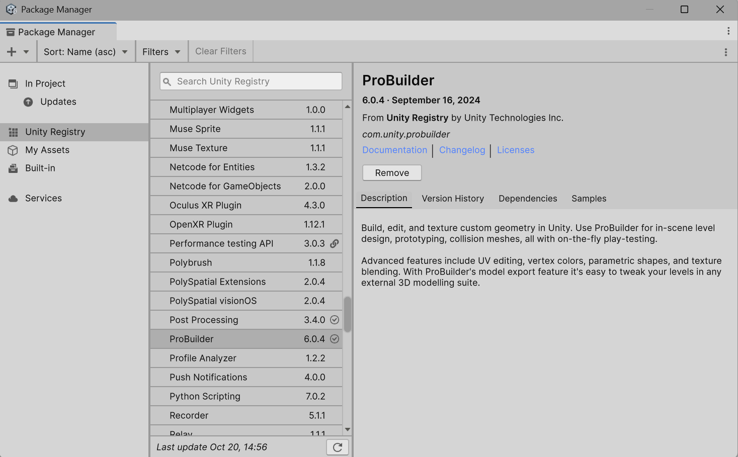 Interface du gestionnaire de paquets de Unity 6