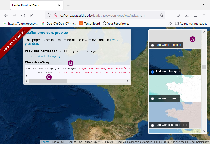 Exemple de carte disponible sur Leaflet-Providers