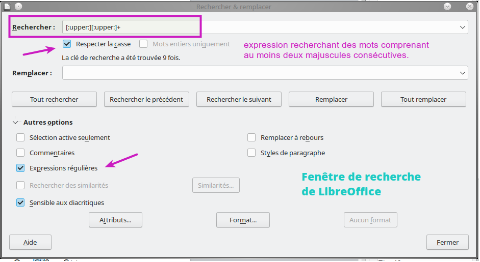 Fenêtre de recherche de Libreffice avec une expression ciblant les mots contenant plus de 2 majuscules.