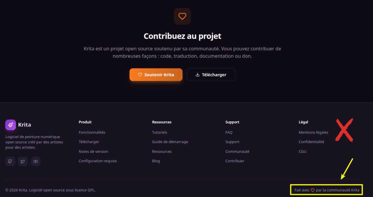 Lien Donation et mention "Réalisé avec coeur par la communauté"