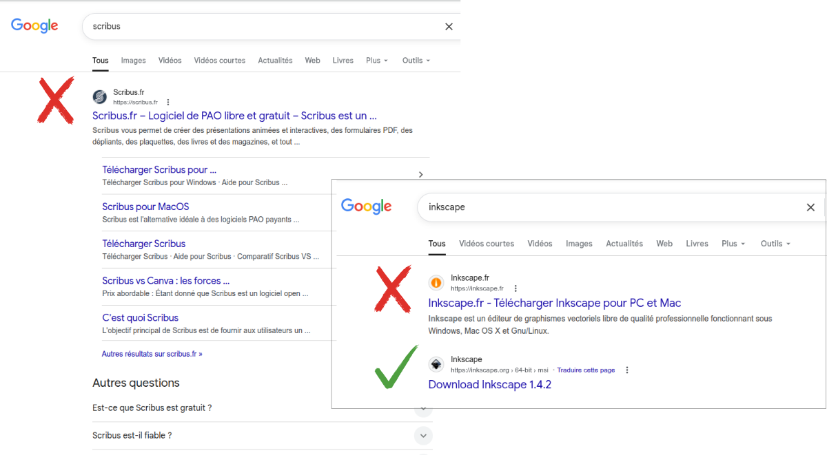 Positionnement en première place des sites scribus.fr et inkscape.fr sur Google.