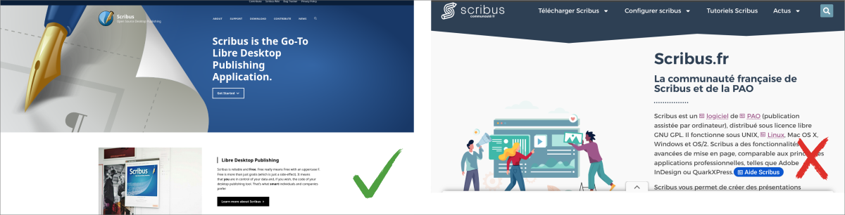 Le site officiel de Scribus (.NET) à gauche et le site illégitime Scribus.fr (à droite)