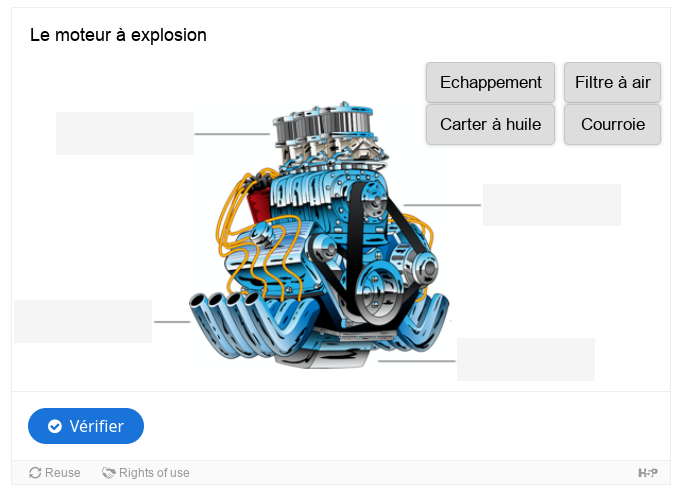 Exercice où l'utilisateur doit placer des étiquettes sur les différentes parties d'un moteur