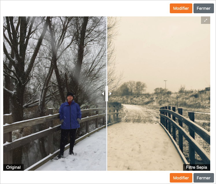 Comparaison entre deux photographies. Le déplacement du slider permet de révéler plus ou moins l'une ou l'autre des deux images.