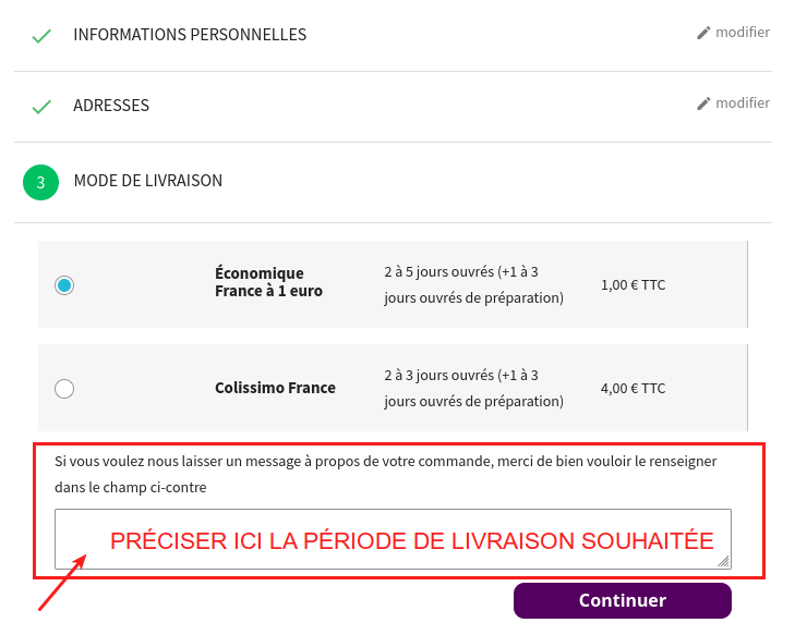 capture montrant le champ message à l'étape 3 du processus d'achat d'un livre.