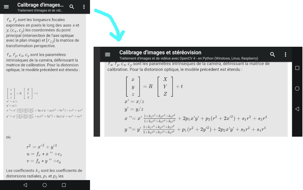 adaptation du texte et des équations à la largeur de l'écran (orientation du smartphone)